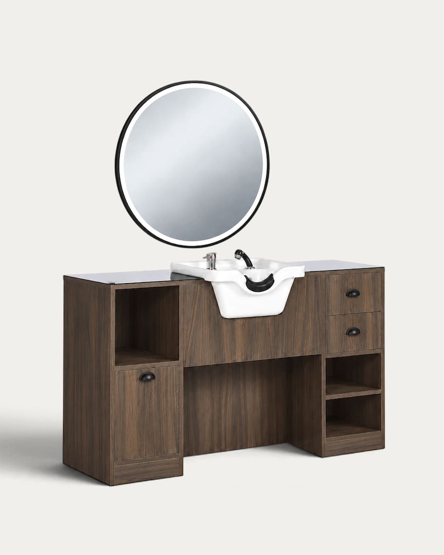 Tocador para barbero con lavacabezas blanco y espejo redondo OKE 7 B marca Mirplay